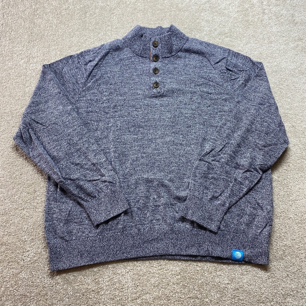 Lands' End Sweater Mens XL Navy Blue Marled Mock Neck Button Pullover AT&T Logo